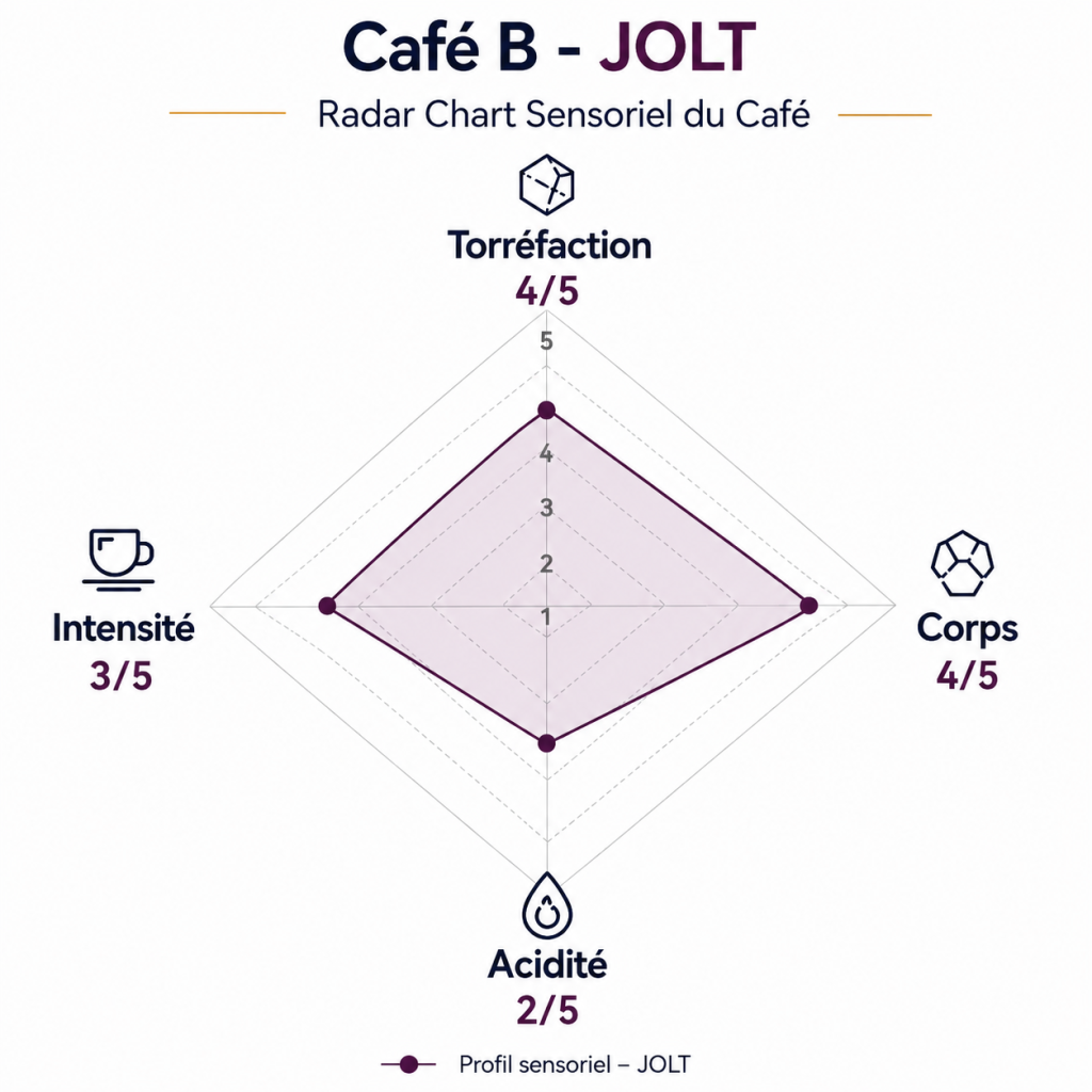 Radar sensoriel du café JOLT Vallenato révélant un profil gourmand aux notes chocolatées et beurre de cacao avec un corps généreux.