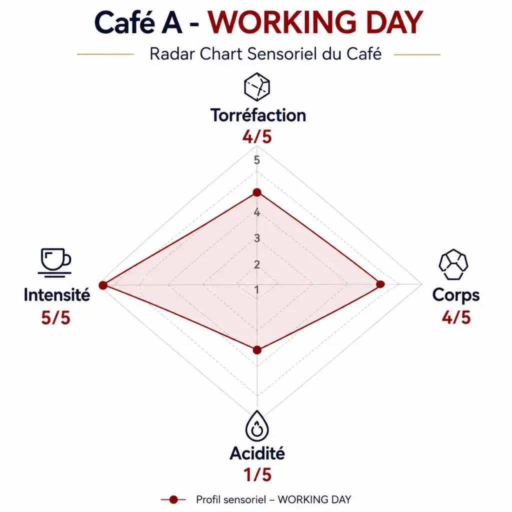 Radar sensoriel du café Working Day Vallenato montrant un profil intense, corsé et peu acide pour les pauses café en entreprise.