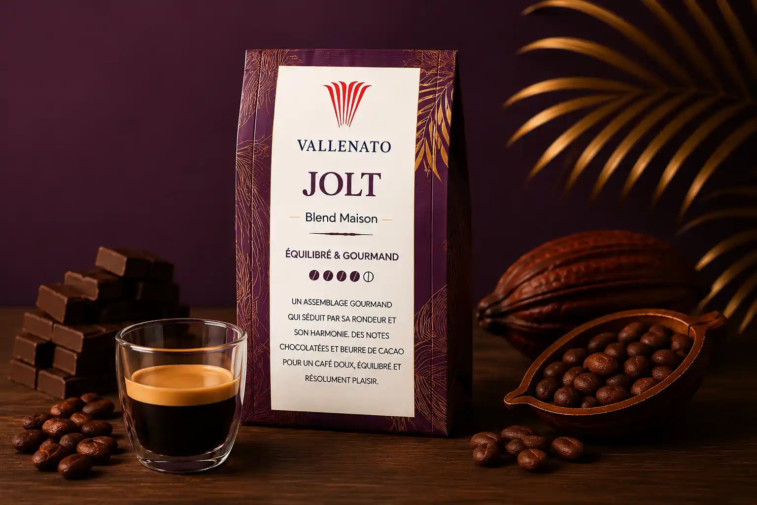Café JOLT Vallenato, café de spécialité brésilien aux notes chocolatées et beurre de cacao, présenté dans un comparatif café en entreprise.